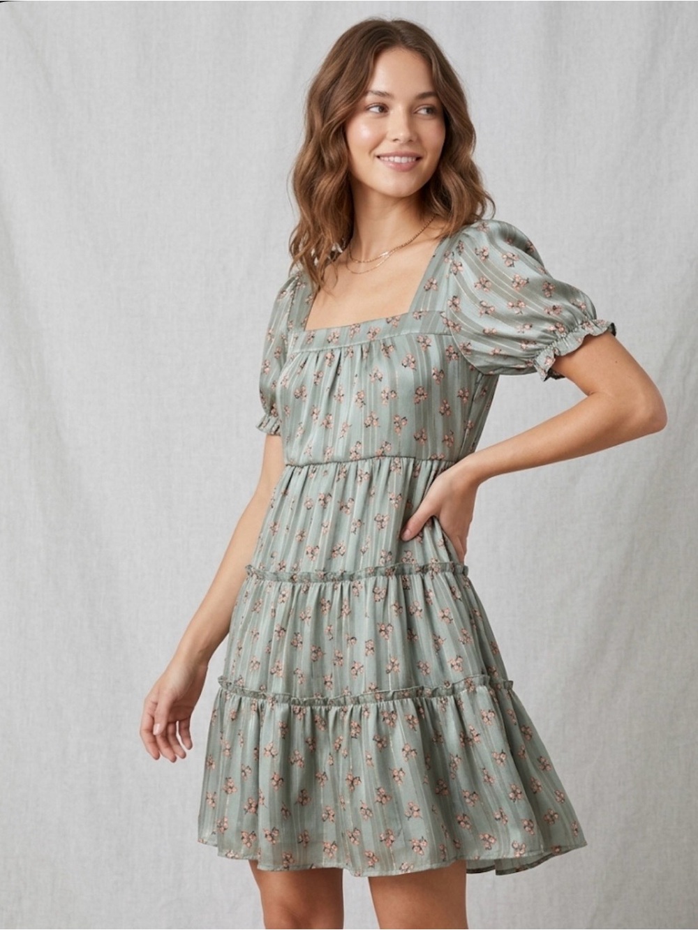 Trixxi Womens  Olive Green Mini Dress with Peach Floral Print Size L